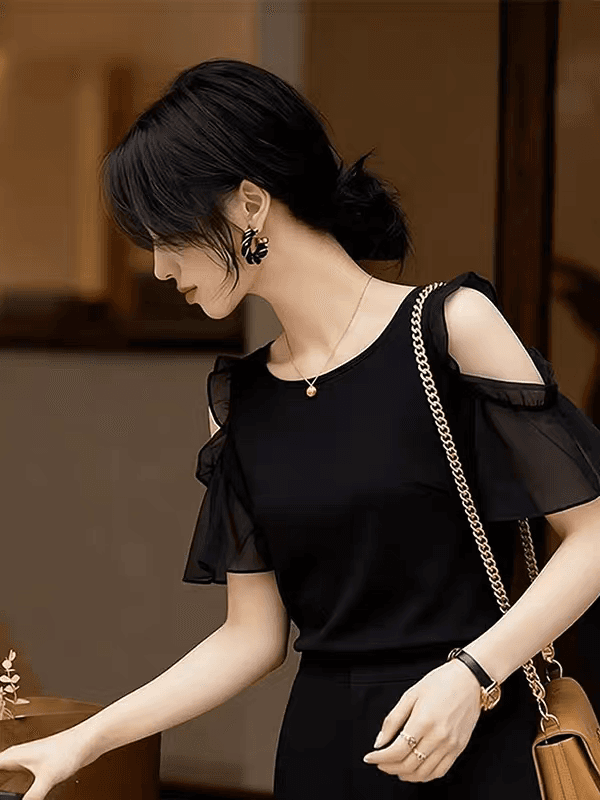고급 센스 Chic 연령 감소 오프숄더 반팔 티셔츠 여성 여름 슈퍼 화재 외국 가스 아름다운 다용도 우아함 아름다운 맨위 상세 이미지 2