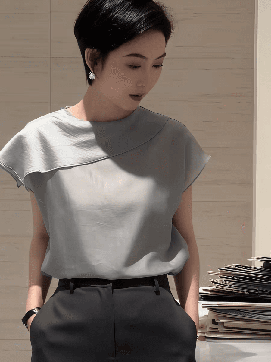 프랑스식 고급 센스 비대칭 칼라 반팔 여성 셔츠 2026 년 여름 슈퍼 잘 생긴 루즈핏 외국 가스 슬림해 보이는 셔츠 상세 이미지 4