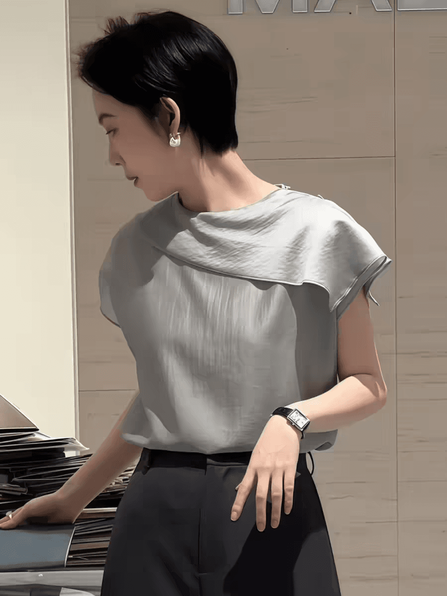 프랑스식 고급 센스 비대칭 칼라 반팔 여성 셔츠 2026 년 여름 슈퍼 잘 생긴 루즈핏 외국 가스 슬림해 보이는 셔츠 상세 이미지 5