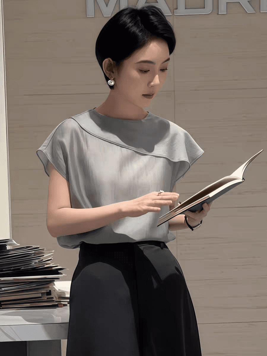 프랑스식 고급 센스 비대칭 칼라 반팔 여성 셔츠 2026 년 여름 슈퍼 잘 생긴 루즈핏 외국 가스 슬림해 보이는 셔츠 이미지 3