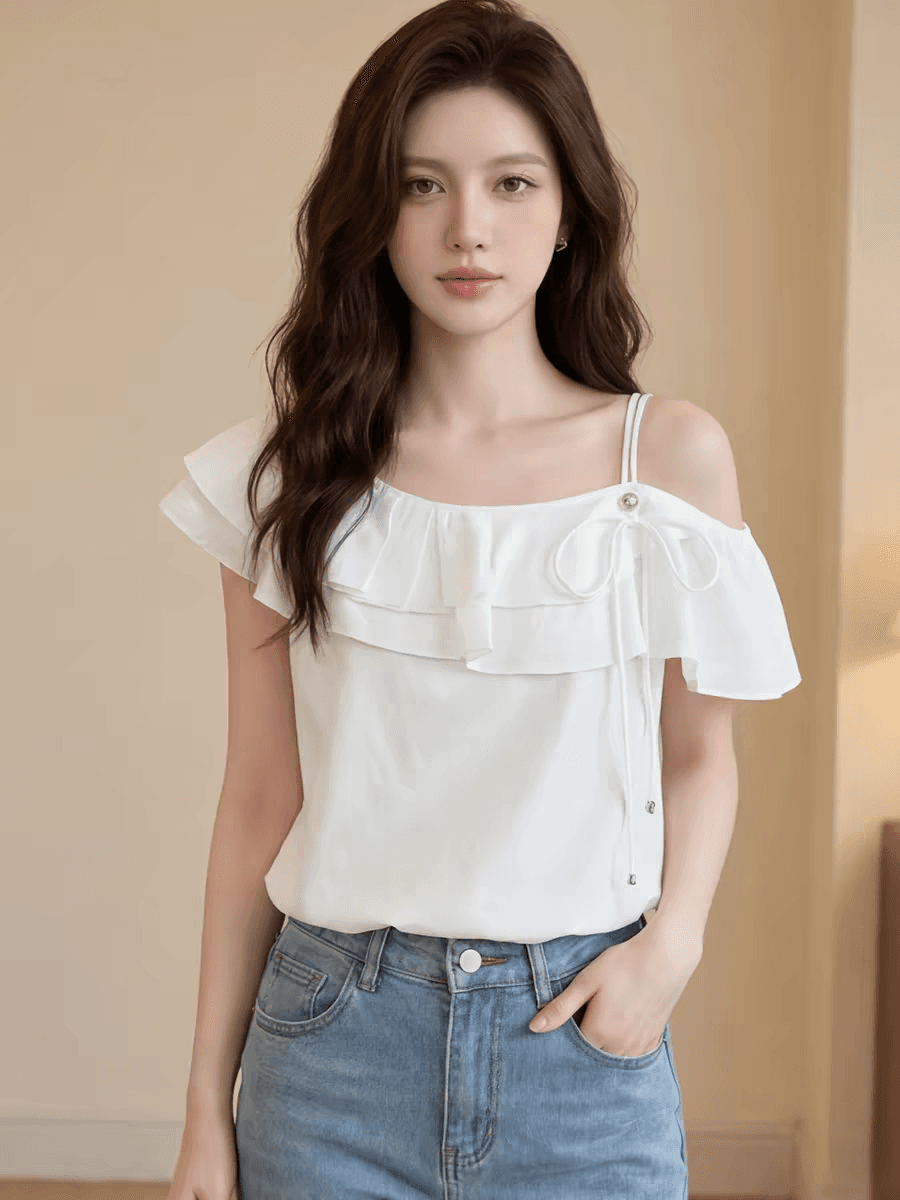 프랑스식 사소한 화이트 오프숄더 프릴 반팔 티셔츠 여성 여름 자이언트 잘 생긴 디자인 센스 아니요 명중 섹션 맨위 이미지 4