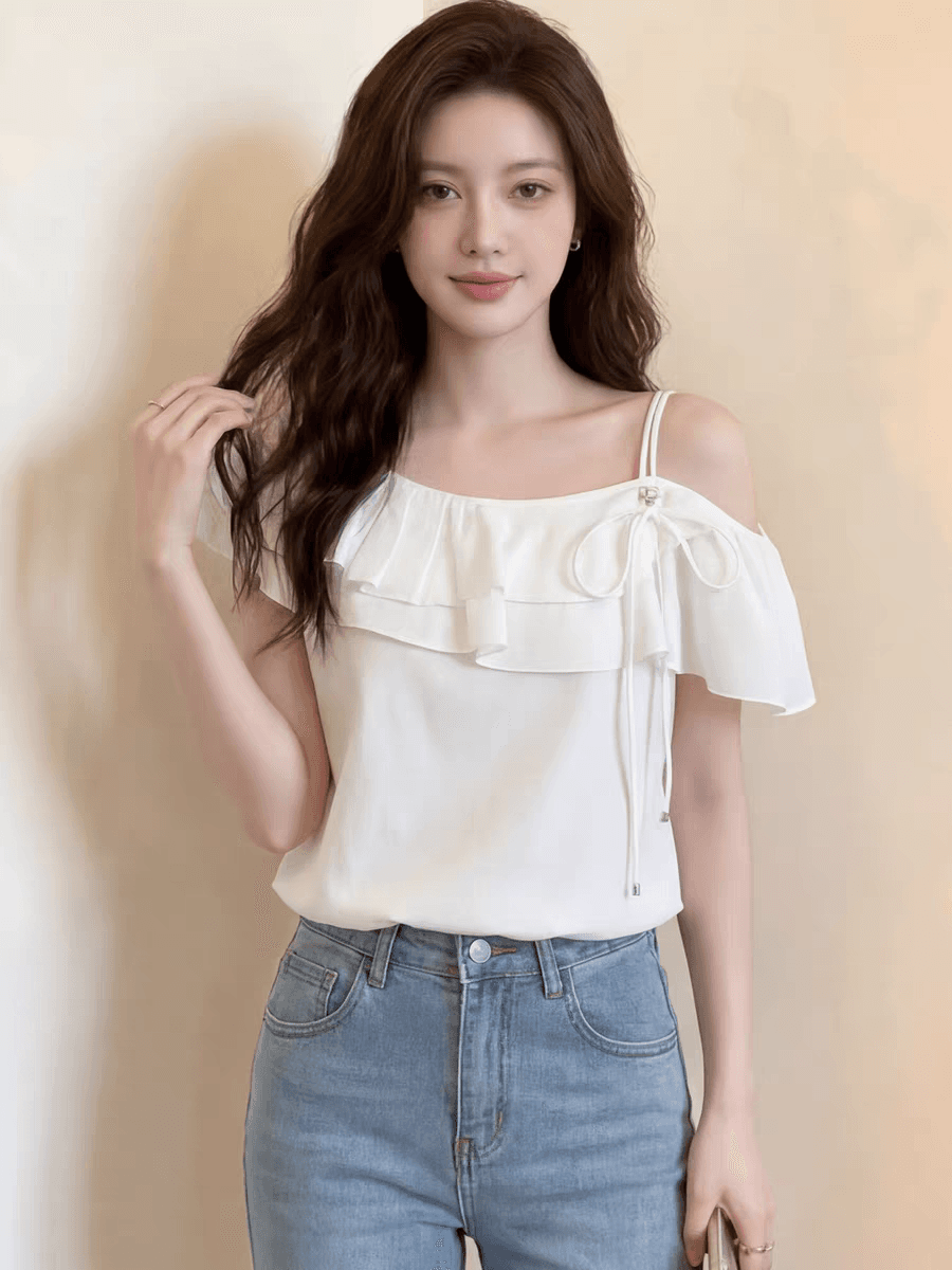 프랑스식 사소한 화이트 오프숄더 프릴 반팔 티셔츠 여성 여름 자이언트 잘 생긴 디자인 센스 아니요 명중 섹션 맨위 상세 이미지 7