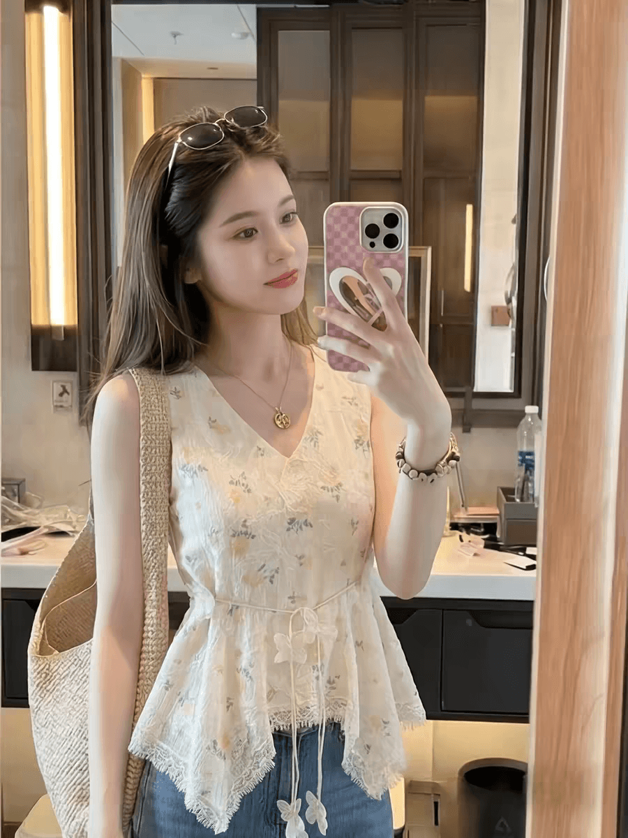 2026 빅 사이즈 섹션 부드러운 부서 레이스 레이스 민소매 조끼 여성 여름 외출용 슬림해 보이는 표지 고기 프랑스식 품격 맨위 이미지 4