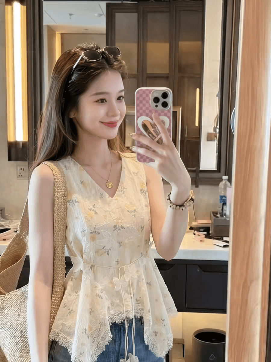 2026 빅 사이즈 섹션 부드러운 부서 레이스 레이스 민소매 조끼 여성 여름 외출용 슬림해 보이는 표지 고기 프랑스식 품격 맨위 상세 이미지 1