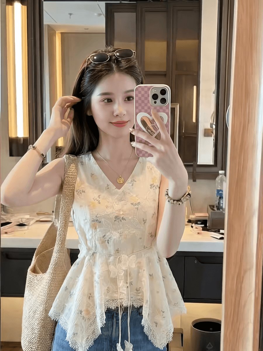 2026 빅 사이즈 섹션 부드러운 부서 레이스 레이스 민소매 조끼 여성 여름 외출용 슬림해 보이는 표지 고기 프랑스식 품격 맨위 상세 이미지 2