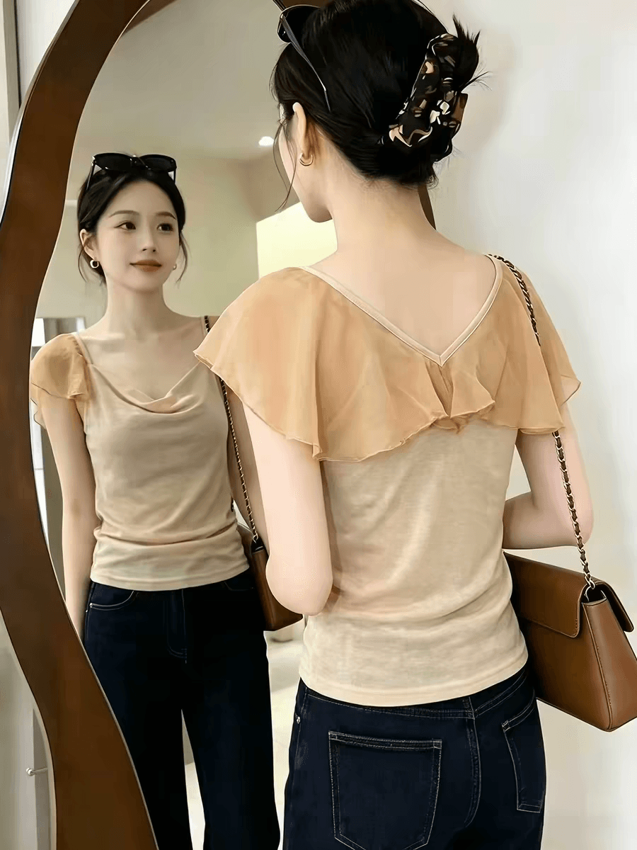 여름 프랑스식 섹시함 달콤한 핫걸 백리스 고유 한 Chic 반팔 티셔츠 여성 V넥 아름다운 다용도 디자인 센스 맨위