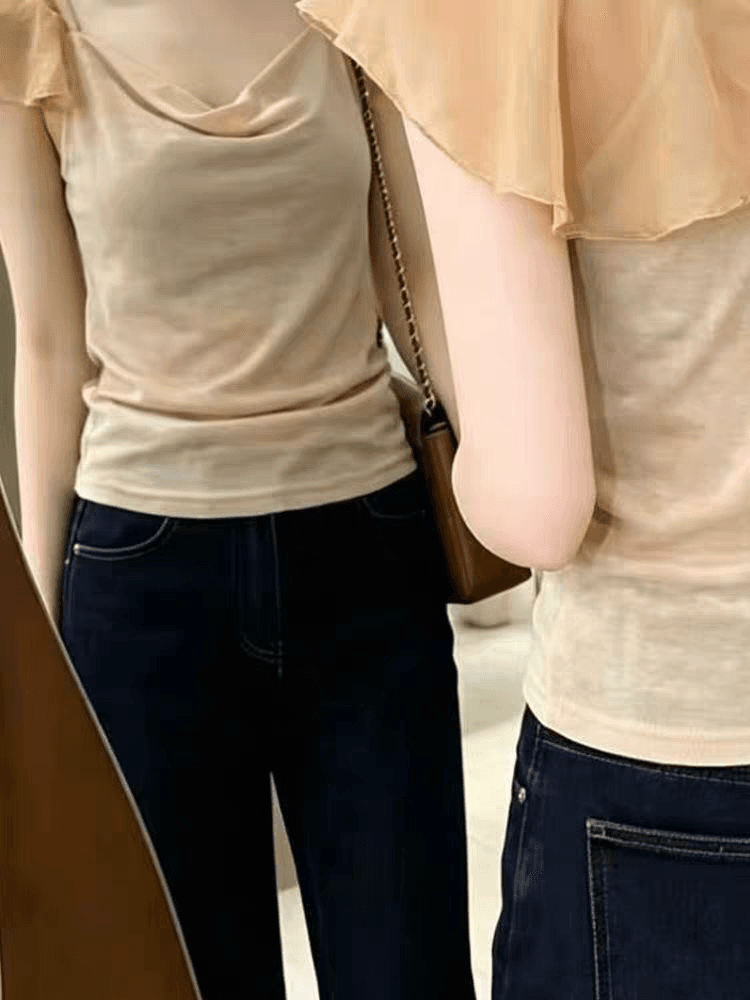 여름 프랑스식 섹시함 달콤한 핫걸 백리스 고유 한 Chic 반팔 티셔츠 여성 V넥 아름다운 다용도 디자인 센스 맨위 상세 이미지 3