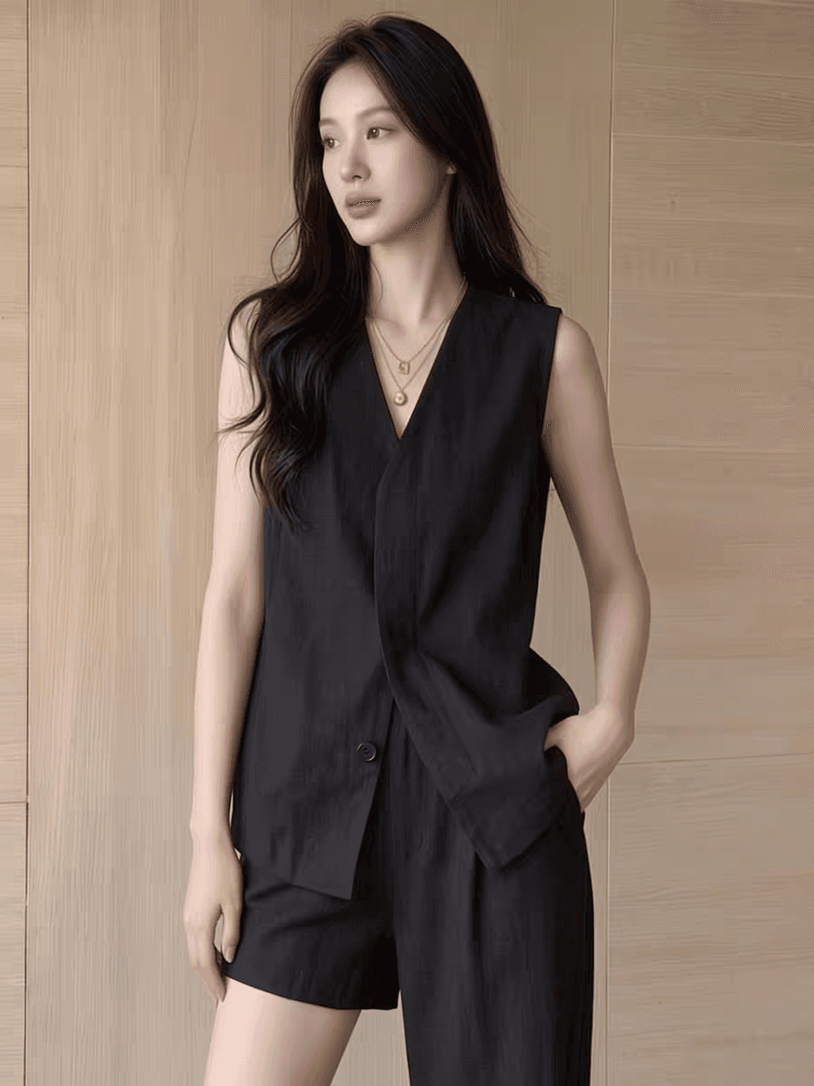 2026 여름 새로운 빛 요리 한 품격 바람 검정색 민소매 V넥 조끼 여성 느슨함 품격 맨위 빅 사이즈 슬림해 보이는 상세 이미지 3