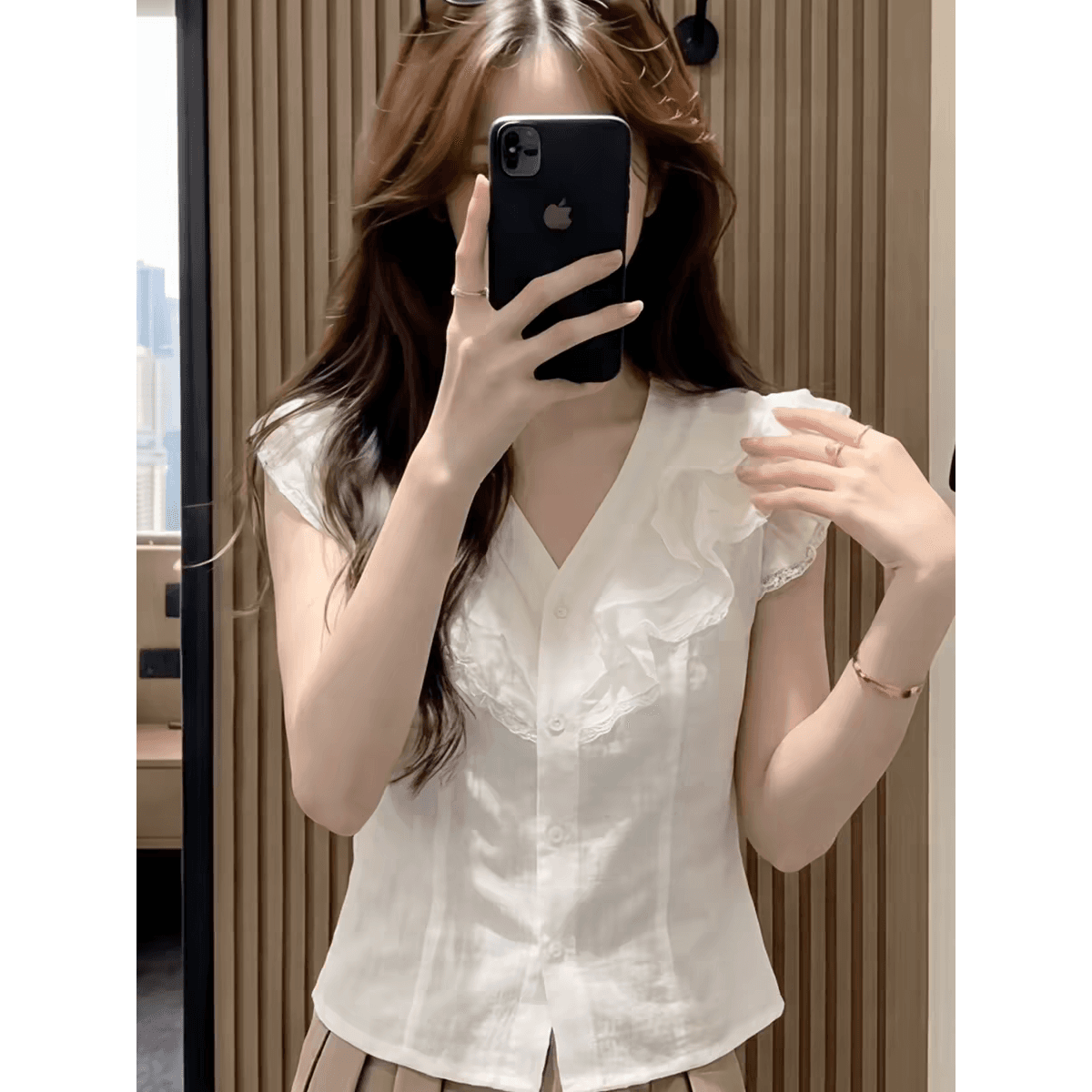 프랑스식 사소한 품격 여성 여름 디자인 센스 화이트 V넥 레이스 프릴 작은 날다 소매 티셔츠 오픈 가디건 맨위 서비스 이미지 5