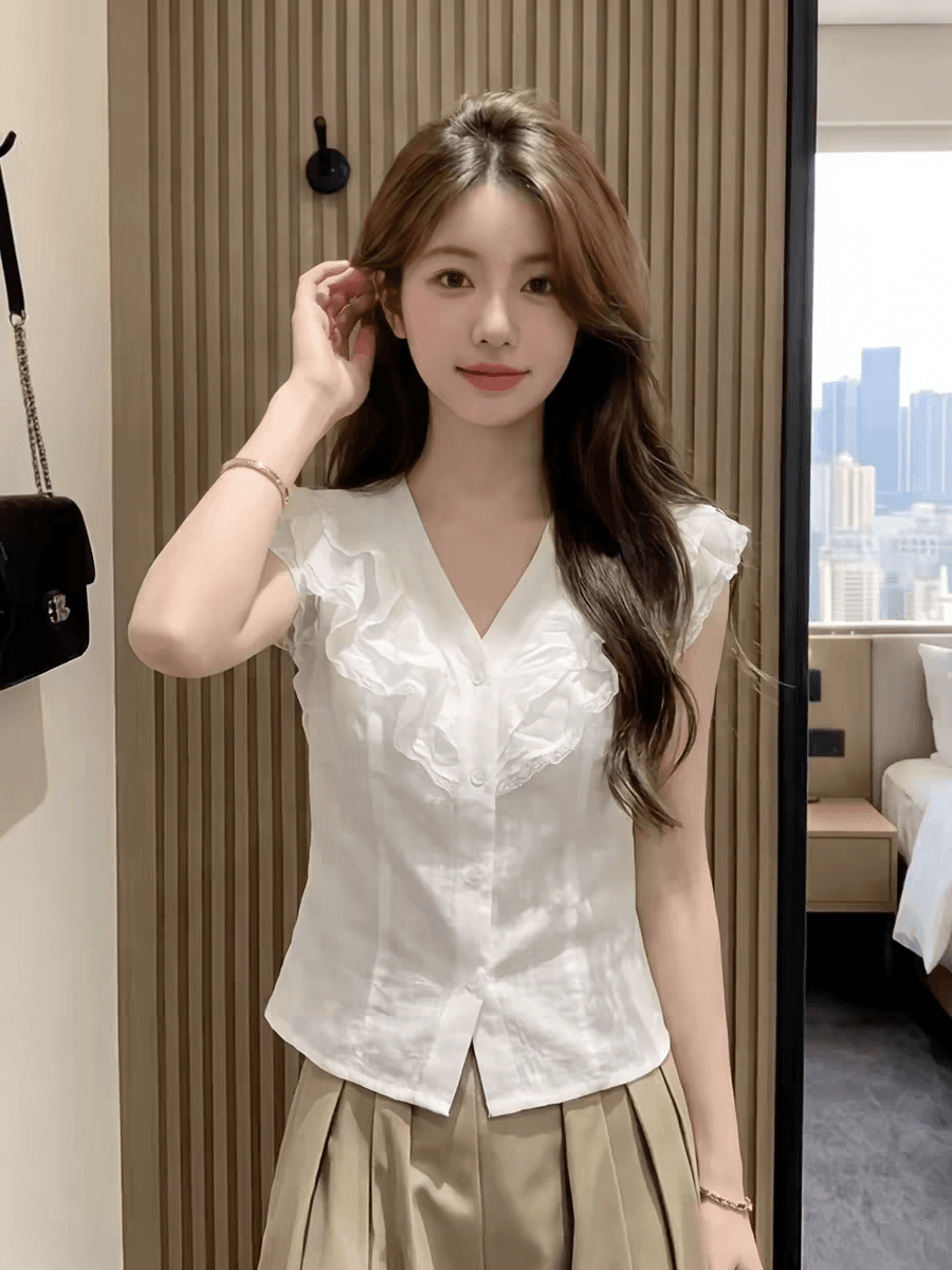 프랑스식 사소한 품격 여성 여름 디자인 센스 화이트 V넥 레이스 프릴 작은 날다 소매 티셔츠 오픈 가디건 맨위 서비스 상세 이미지 3