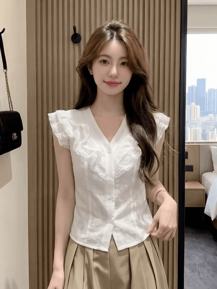 프랑스식 사소한 품격 여성 여름 디자인 센스 화이트 V넥 레이스 프릴 작은 날다 소매 티셔츠 오픈 가디건 맨위 서비스 상세 이미지 4