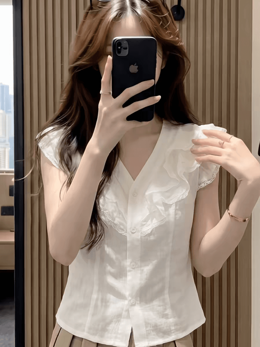 프랑스식 사소한 품격 여성 여름 디자인 센스 화이트 V넥 레이스 프릴 작은 날다 소매 티셔츠 오픈 가디건 맨위 서비스 상세 이미지 5
