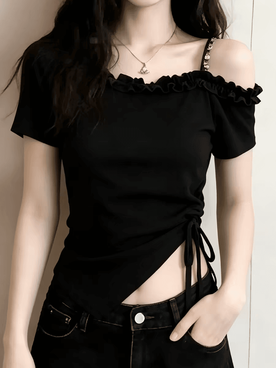 여름 고유 한 Chic 핫걸 불규칙 비스듬한 칼라 오프숄더 반팔 티셔츠 여성 펌프 Pleat 트임 꼬집기 허리 쇼트 스타일 맨위