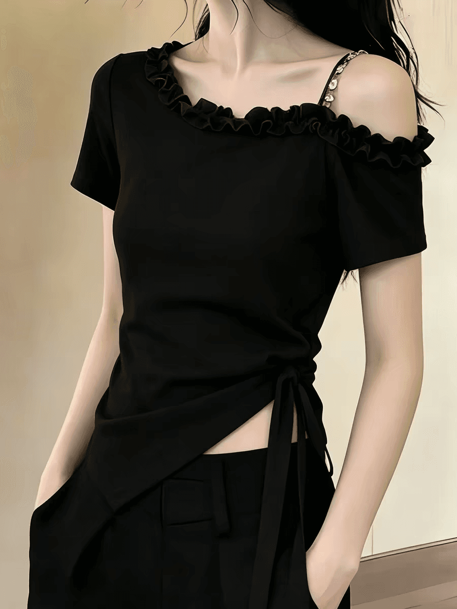 여름 고유 한 Chic 핫걸 불규칙 비스듬한 칼라 오프숄더 반팔 티셔츠 여성 펌프 Pleat 트임 꼬집기 허리 쇼트 스타일 맨위 이미지 3