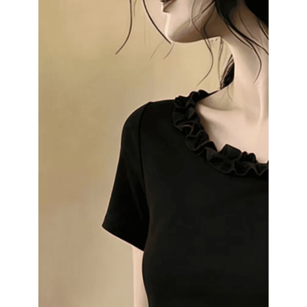 여름 고유 한 Chic 핫걸 불규칙 비스듬한 칼라 오프숄더 반팔 티셔츠 여성 펌프 Pleat 트임 꼬집기 허리 쇼트 스타일 맨위 이미지 5