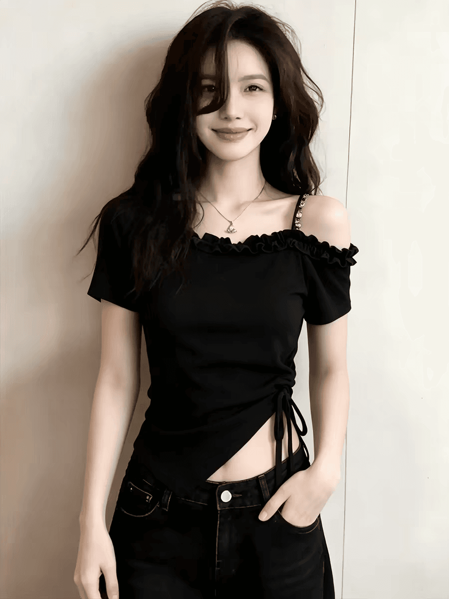 여름 고유 한 Chic 핫걸 불규칙 비스듬한 칼라 오프숄더 반팔 티셔츠 여성 펌프 Pleat 트임 꼬집기 허리 쇼트 스타일 맨위 상세 이미지 2