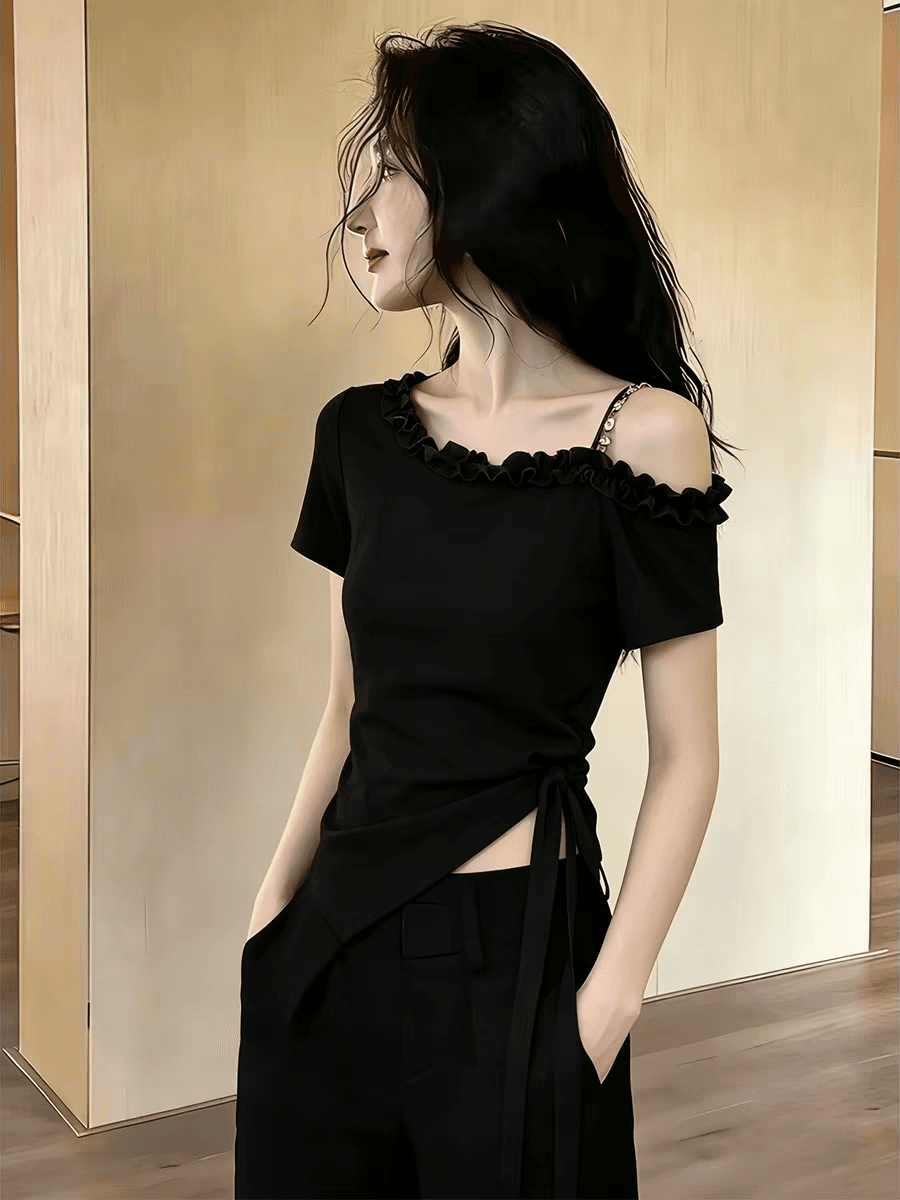 여름 고유 한 Chic 핫걸 불규칙 비스듬한 칼라 오프숄더 반팔 티셔츠 여성 펌프 Pleat 트임 꼬집기 허리 쇼트 스타일 맨위 상세 이미지 3