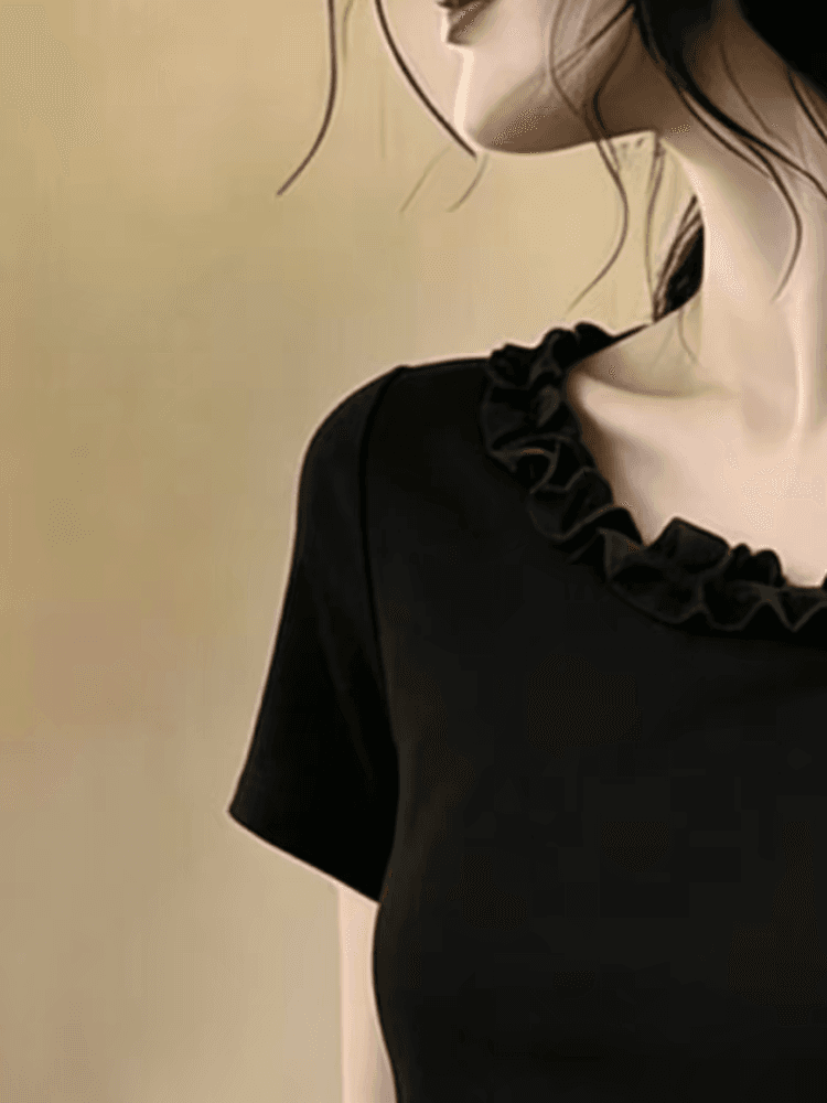 여름 고유 한 Chic 핫걸 불규칙 비스듬한 칼라 오프숄더 반팔 티셔츠 여성 펌프 Pleat 트임 꼬집기 허리 쇼트 스타일 맨위 상세 이미지 5
