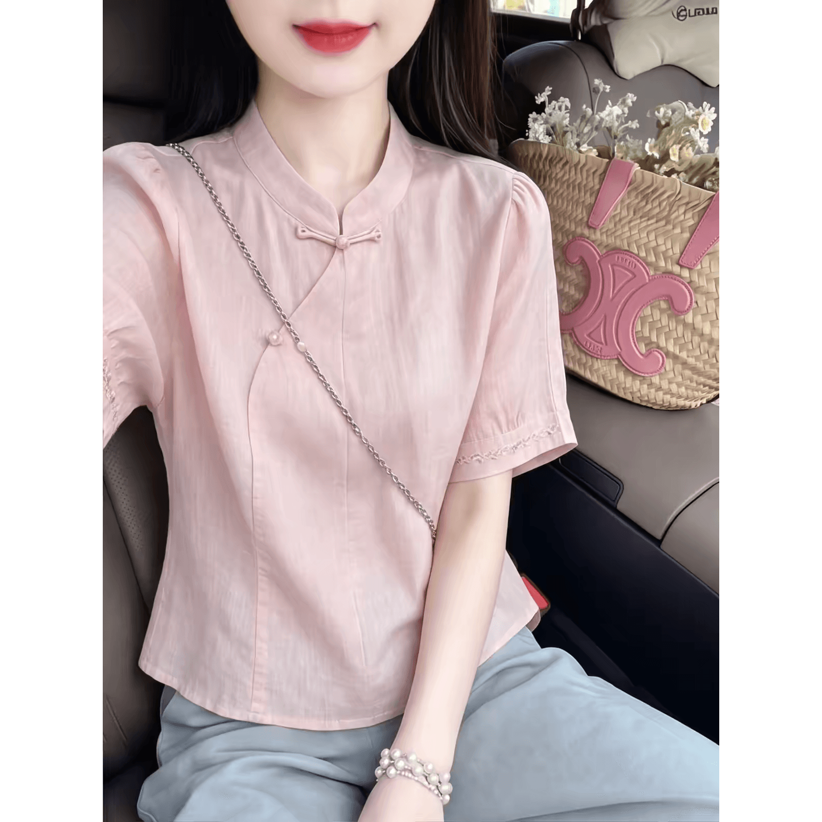핑크색 새로운 중식 스탠드 칼라 단추 여성 셔츠 여름 비스듬한 襟 진주 버클 거품 소매 개선 치파오 반팔 맨위 이미지 5