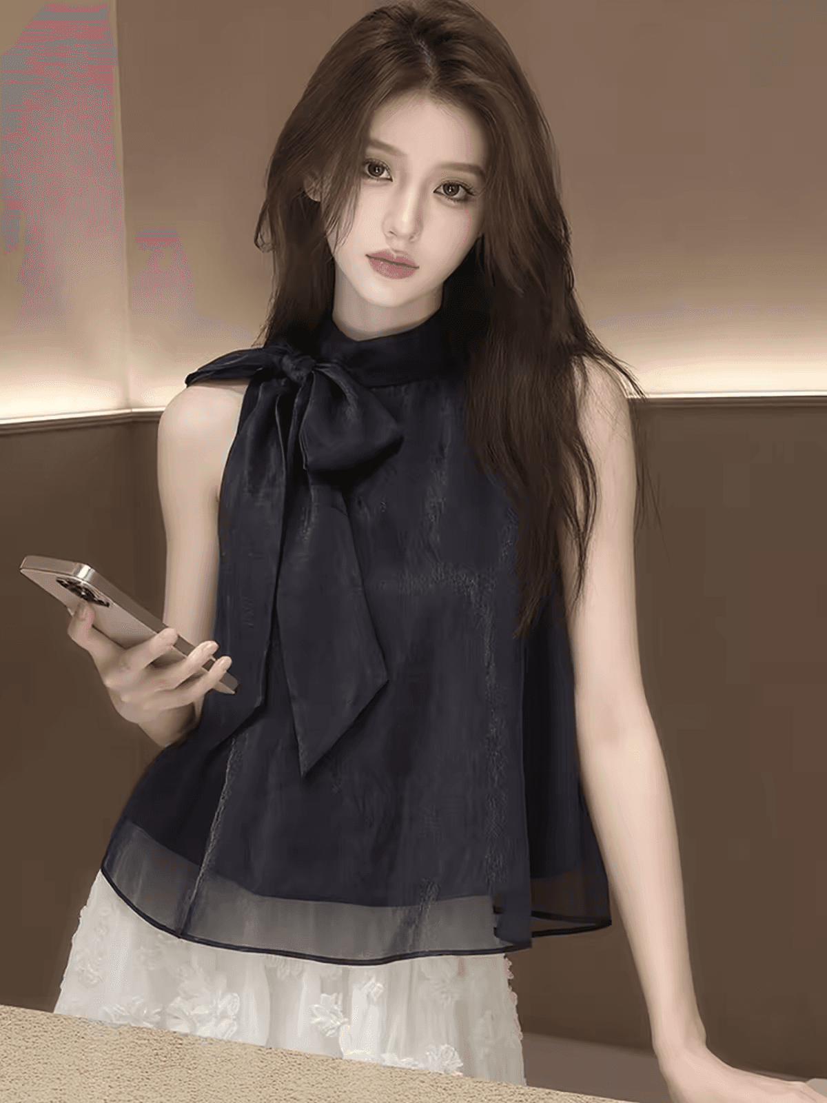 한 부서 부드러운 2026 여름 패션 검정색 새로운 한국 스타일 다용도 품격 레이스업 민소매 셔츠 여성 셔츠 트렌디 이미지 2