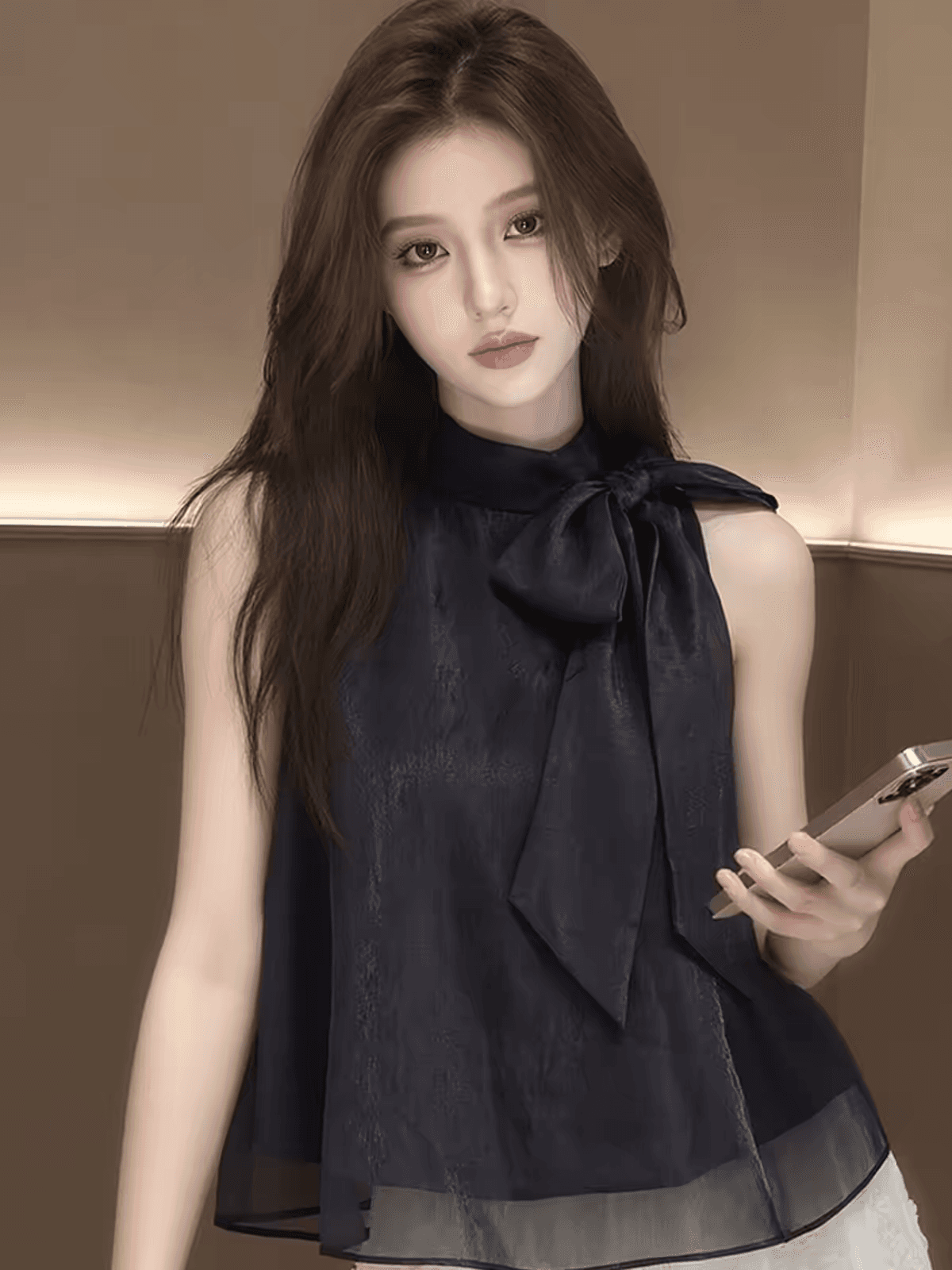한 부서 부드러운 2026 여름 패션 검정색 새로운 한국 스타일 다용도 품격 레이스업 민소매 셔츠 여성 셔츠 트렌디 이미지 3