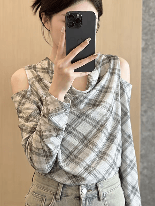 디자인 센스 오프숄더 체크무늬 셔츠 여성 긴 소매 루즈핏 슬림해 보이는 다용도 출퇴근 바람 맨위 다용도 맨위 캐주얼 이미지 3