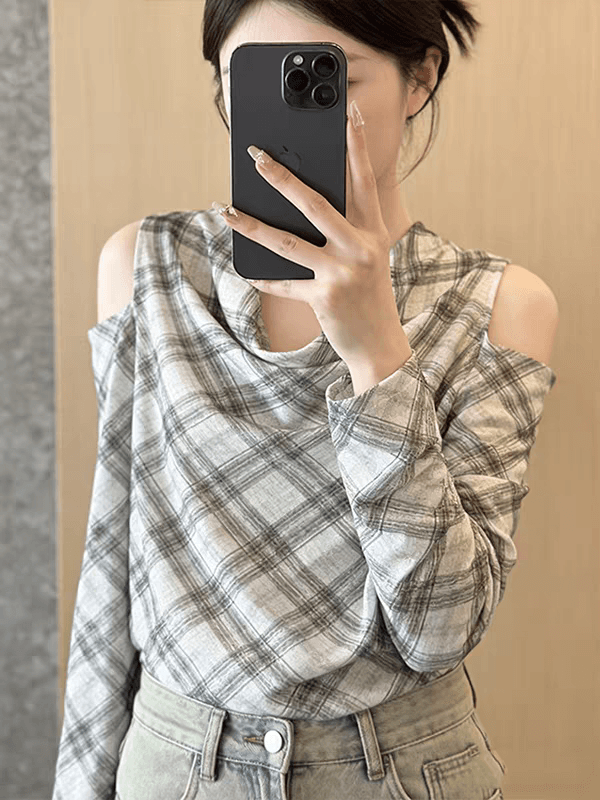 디자인 센스 오프숄더 체크무늬 셔츠 여성 긴 소매 루즈핏 슬림해 보이는 다용도 출퇴근 바람 맨위 다용도 맨위 캐주얼 이미지 4