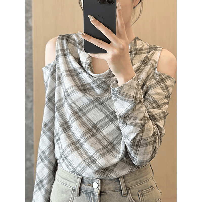 디자인 센스 오프숄더 체크무늬 셔츠 여성 긴 소매 루즈핏 슬림해 보이는 다용도 출퇴근 바람 맨위 다용도 맨위 캐주얼 이미지 5