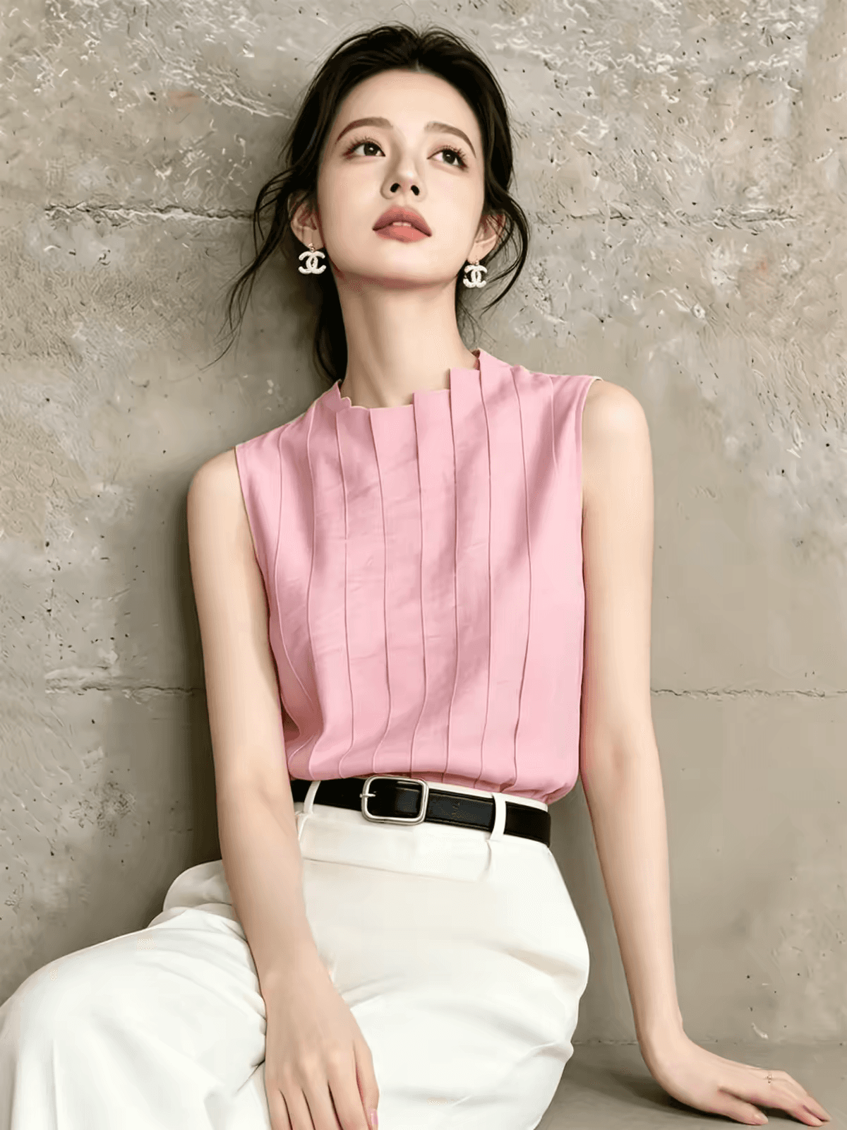 자이언트 잘 생긴 고유 한 아름다운 밝은 맨위 외국 가스 연령 감소 장기 Pleat 디자인 센스 핑크색 스탠드 칼라 민소매 셔츠 여름 이미지 3