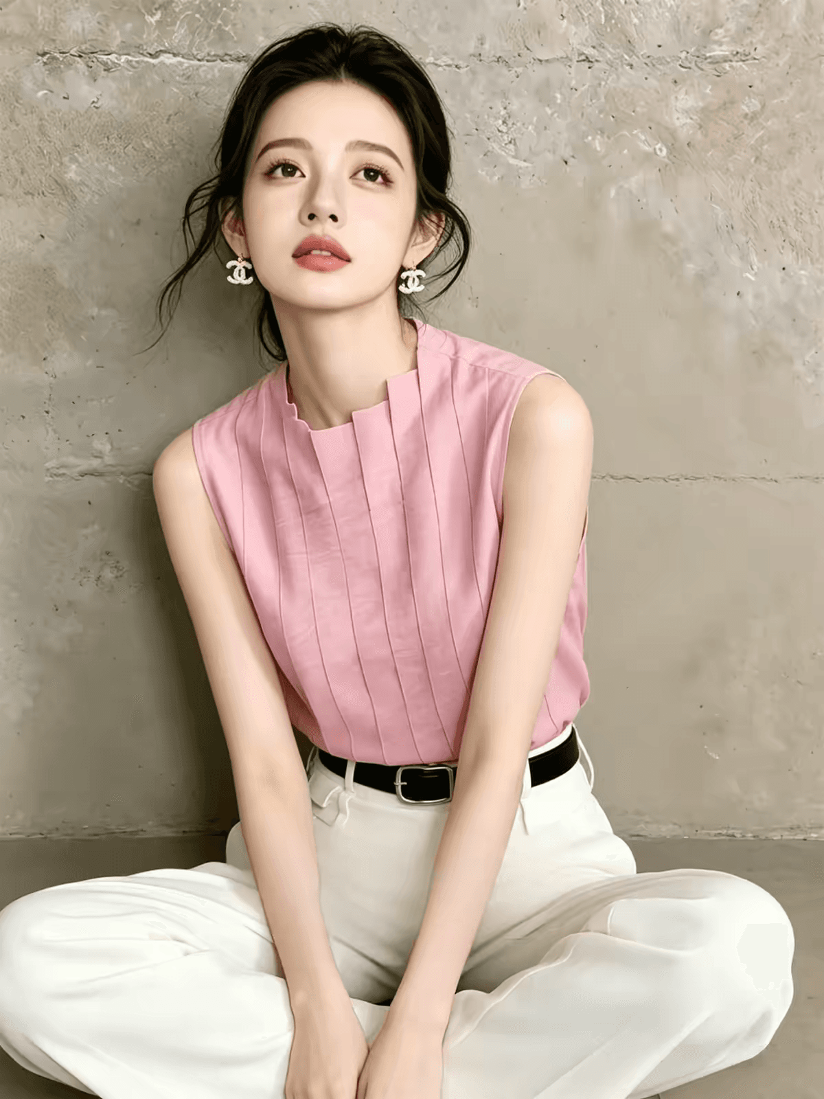 자이언트 잘 생긴 고유 한 아름다운 밝은 맨위 외국 가스 연령 감소 장기 Pleat 디자인 센스 핑크색 스탠드 칼라 민소매 셔츠 여름 상세 이미지 5