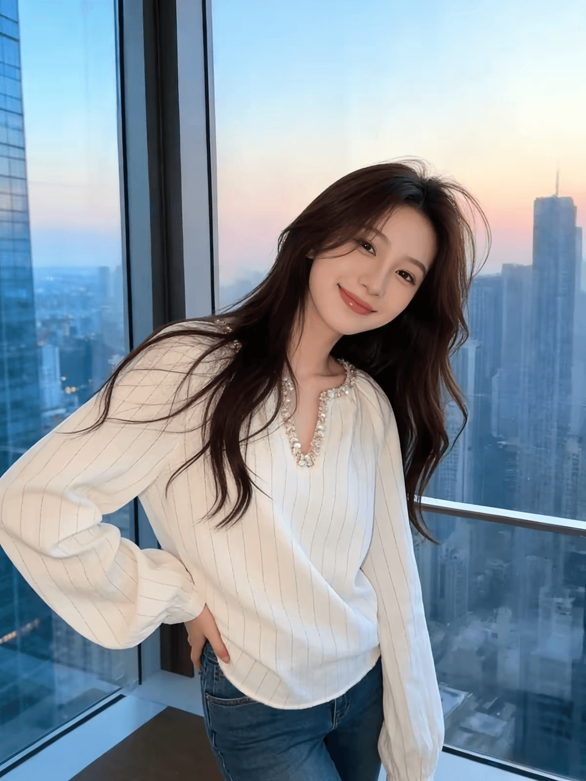프랑스식 바람 화이트 스트라이프 비즈 박기 V넥 느긋한 맨위 여성 고급 센스 품격 루즈핏 슬림해 보이는 다용도 긴팔 이미지 2