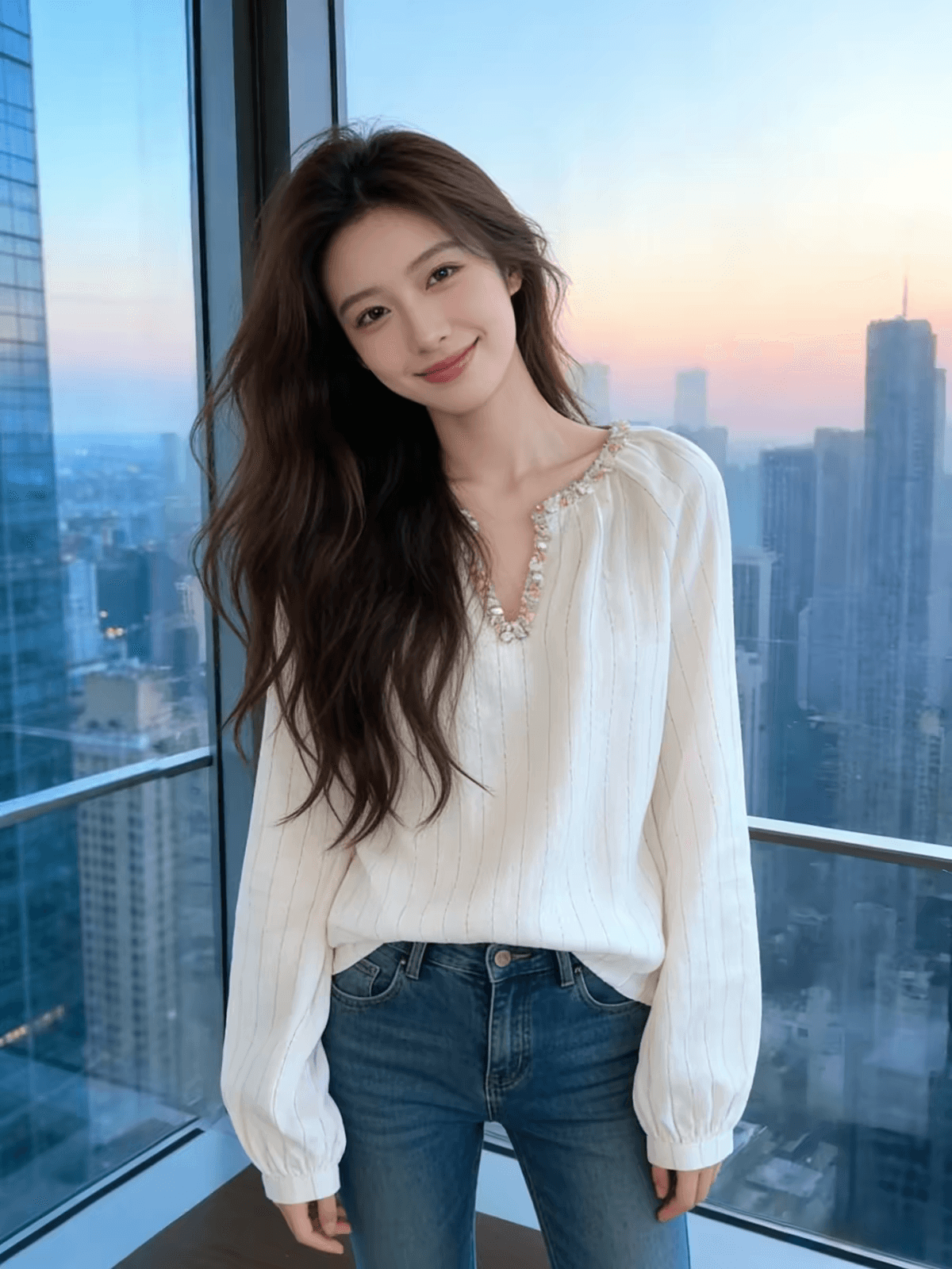 프랑스식 바람 화이트 스트라이프 비즈 박기 V넥 느긋한 맨위 여성 고급 센스 품격 루즈핏 슬림해 보이는 다용도 긴팔 이미지 4