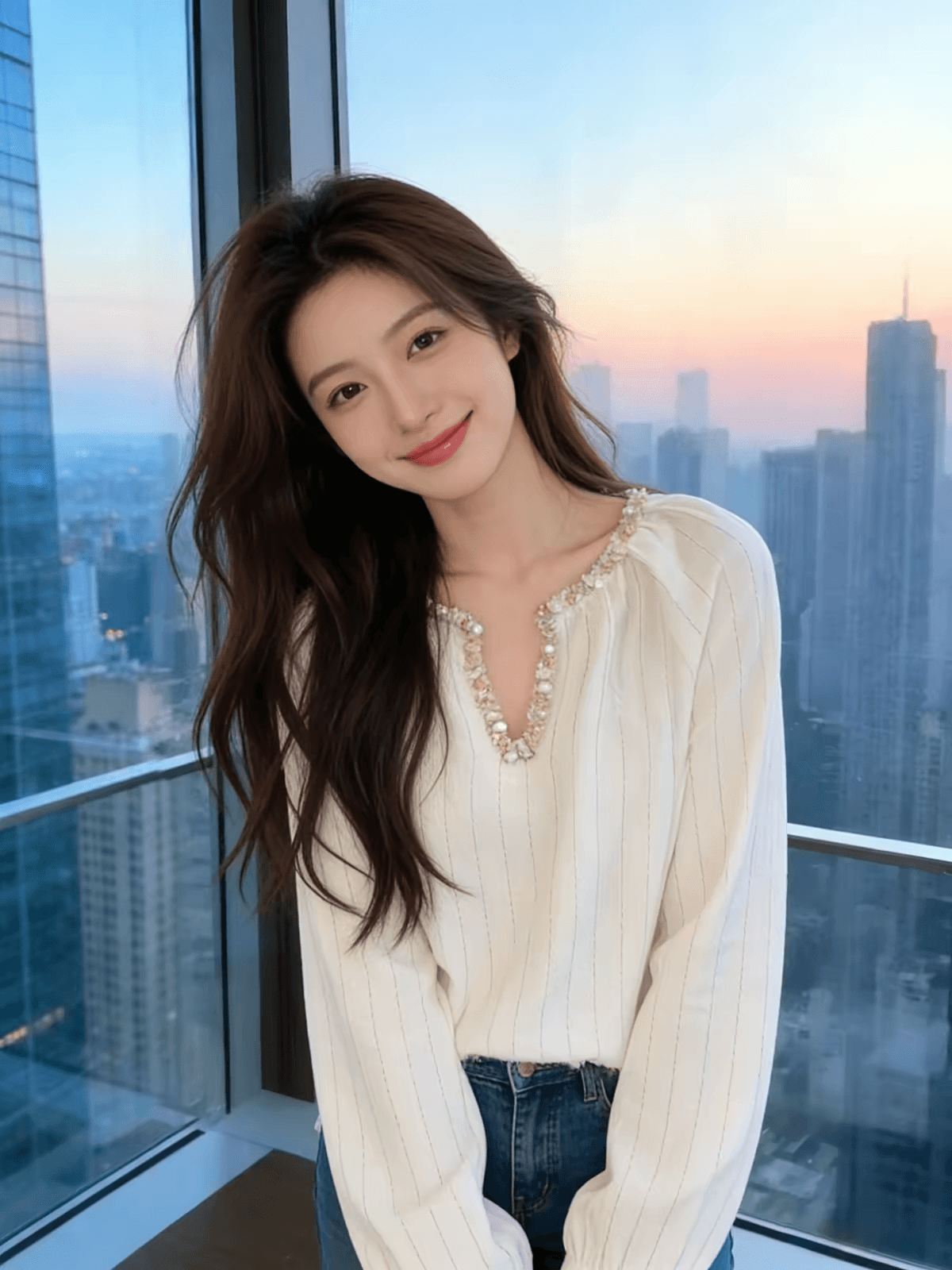 프랑스식 바람 화이트 스트라이프 비즈 박기 V넥 느긋한 맨위 여성 고급 센스 품격 루즈핏 슬림해 보이는 다용도 긴팔 상세 이미지 2