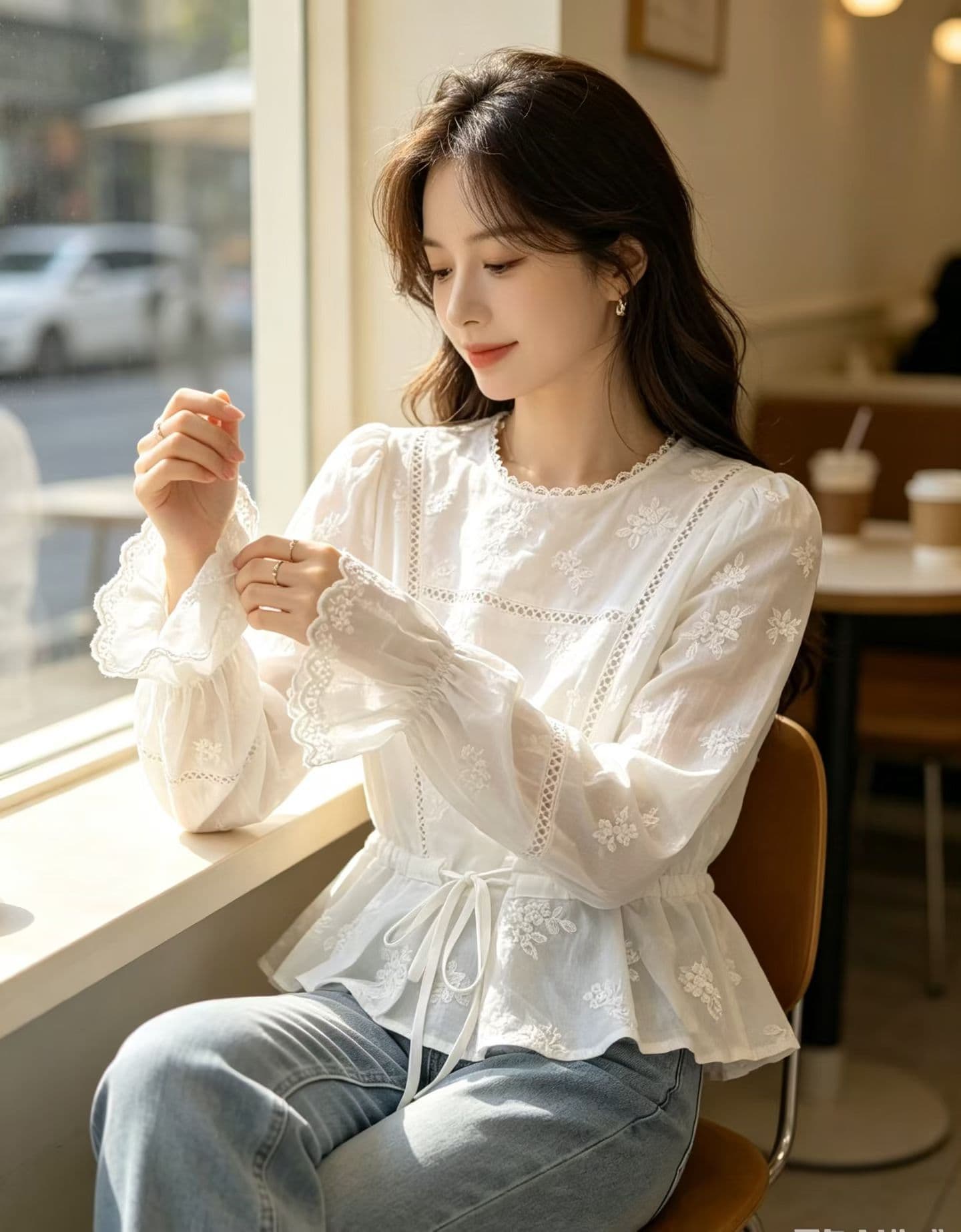 프랑스식 자수 레이스 V넥 레이스업 허리 수축 셔츠 여성 긴 소매 2026 가을 부드러운 연령 감소 한 부서 작은 셔츠 맨위 상세 이미지 4