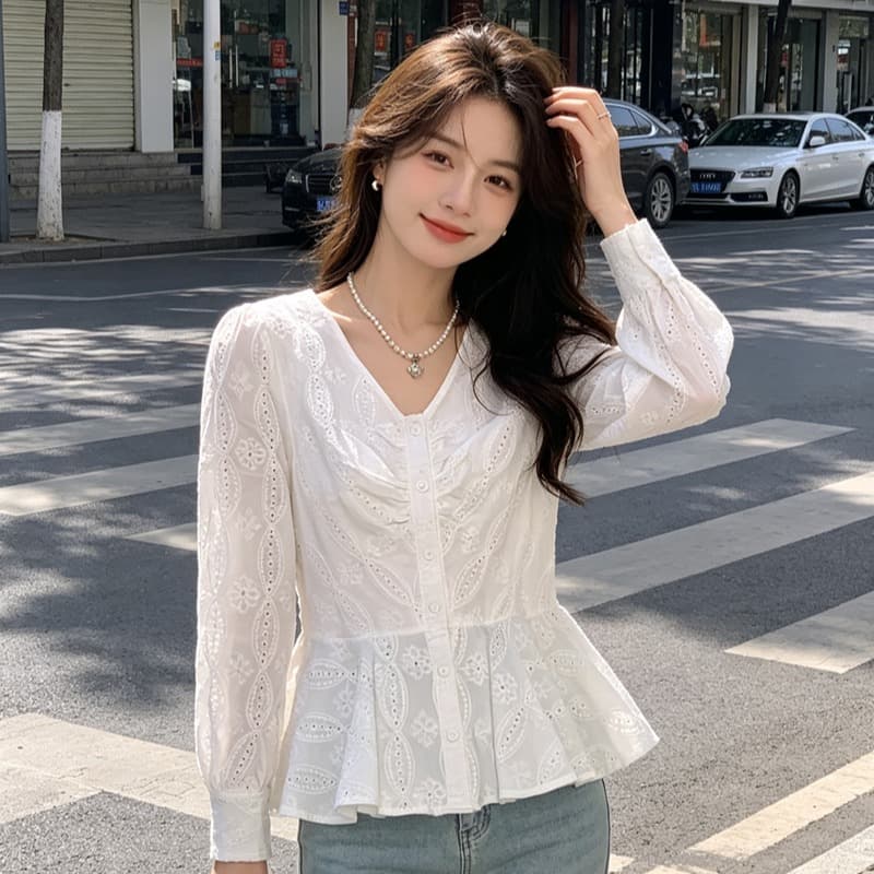 프랑스식 V넥 긴팔 여성 2026 가을 새로운 홀로우 아웃 디자인 센스 허리 수축 불규칙 셔츠 쇼트 스타일 맨위 이미지 5