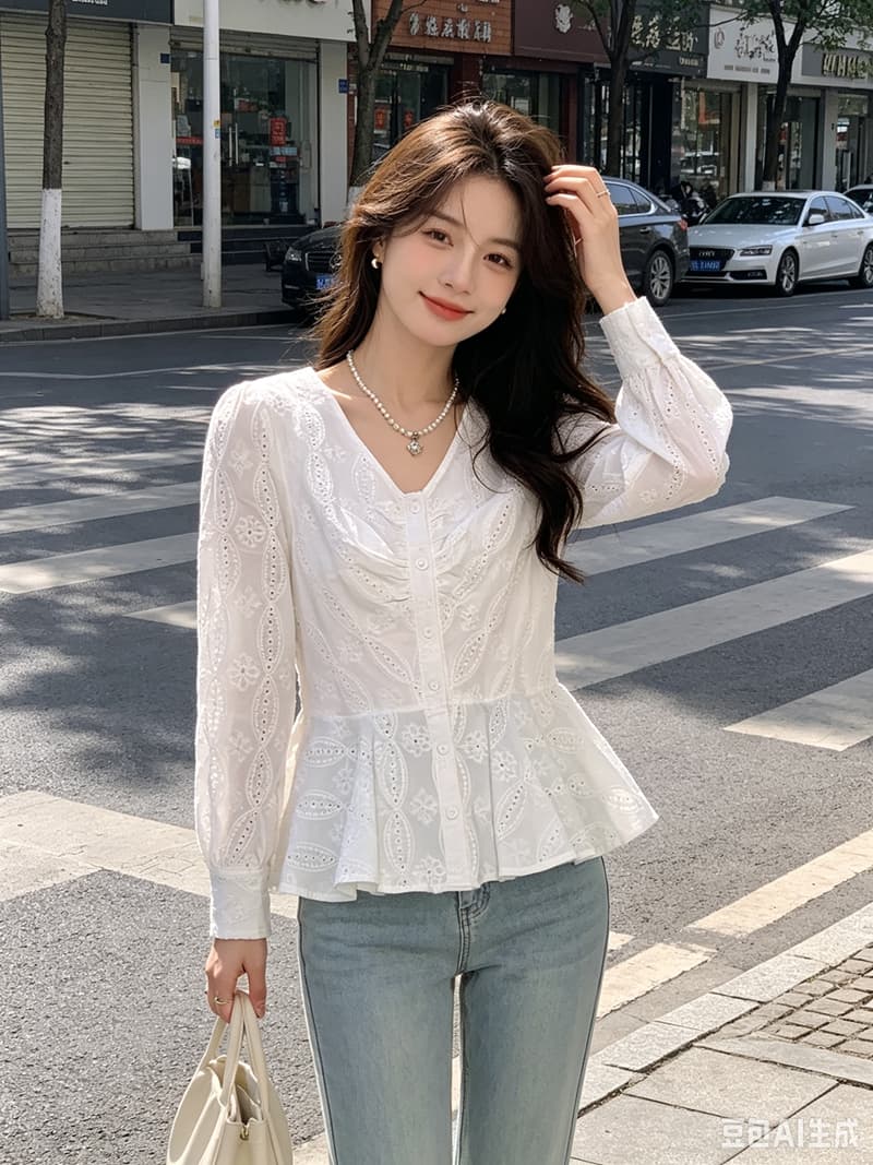 프랑스식 V넥 긴팔 여성 2026 가을 새로운 홀로우 아웃 디자인 센스 허리 수축 불규칙 셔츠 쇼트 스타일 맨위 상세 이미지 1