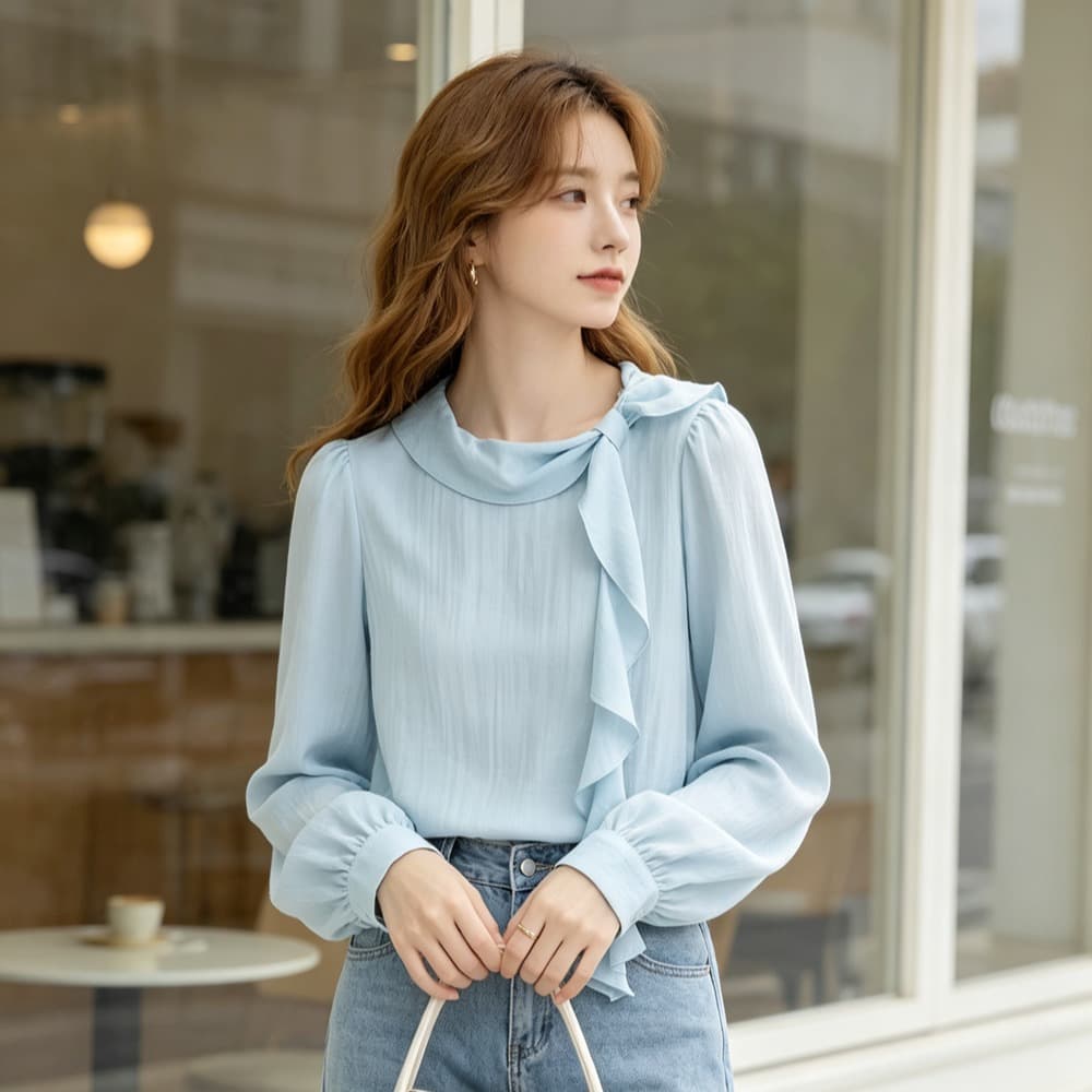 팬 생각하기 블루 En 포함 아마 주간 실크 프랑스식 레트로 프릴 리본 여성 셔츠 가을 2026 새로운 출퇴근 맨위 이미지 5