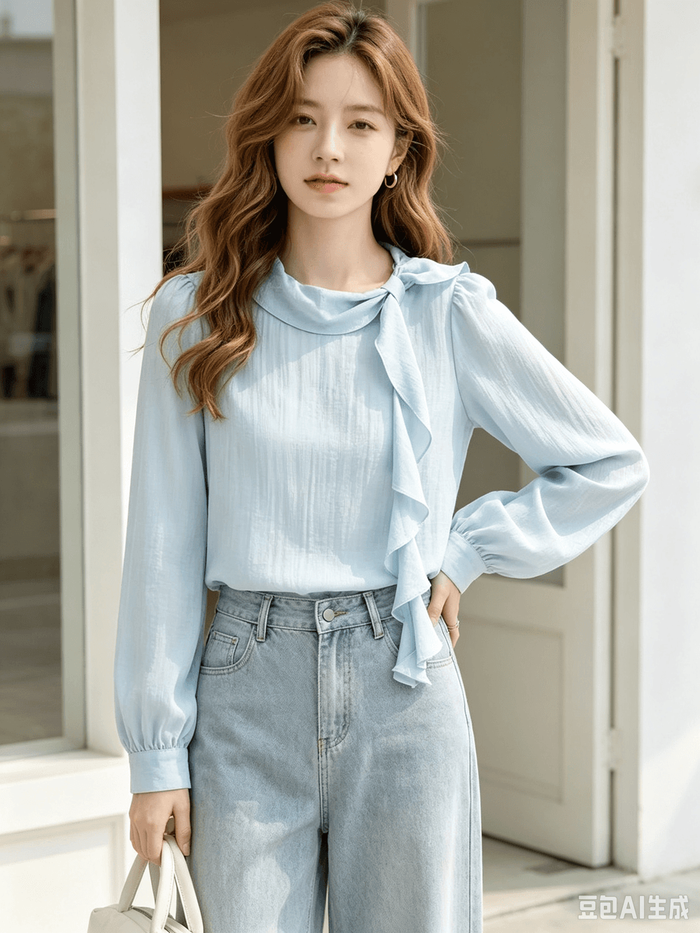 팬 생각하기 블루 En 포함 아마 주간 실크 프랑스식 레트로 프릴 리본 여성 셔츠 가을 2026 새로운 출퇴근 맨위 상세 이미지 3