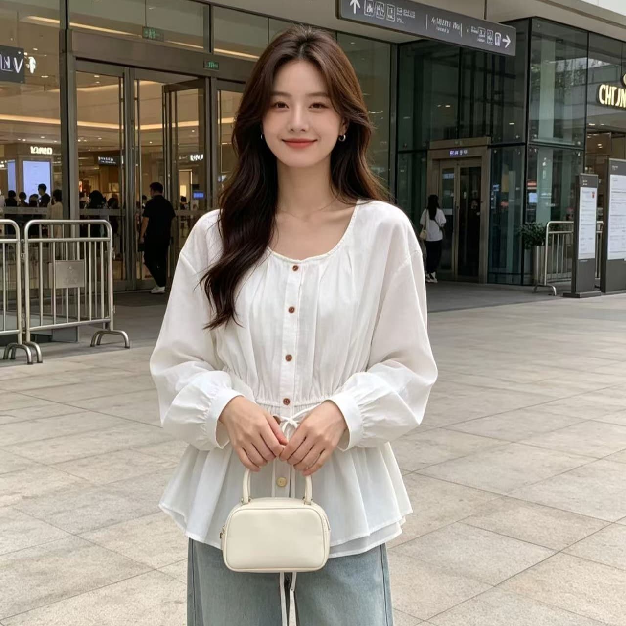 수수께끼 보여주기 프랑스식 허리 수축 여성 셔츠 2026 가을 새로운 캐주얼 루즈핏 슬림해 보이는 얇은 스타일 V넥 맨위 경기 허리 인감 이미지 5