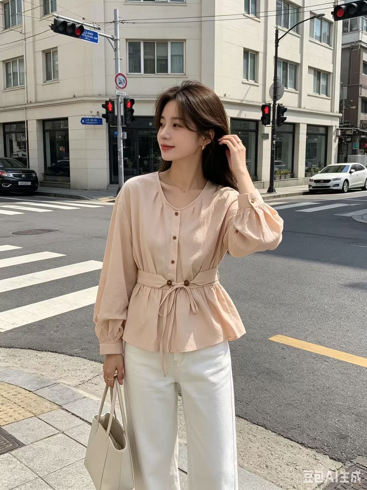 수수께끼 보여주기 프랑스식 허리 수축 여성 셔츠 2026 가을 새로운 캐주얼 루즈핏 슬림해 보이는 얇은 스타일 V넥 맨위 경기 허리 인감 상세 이미지 1