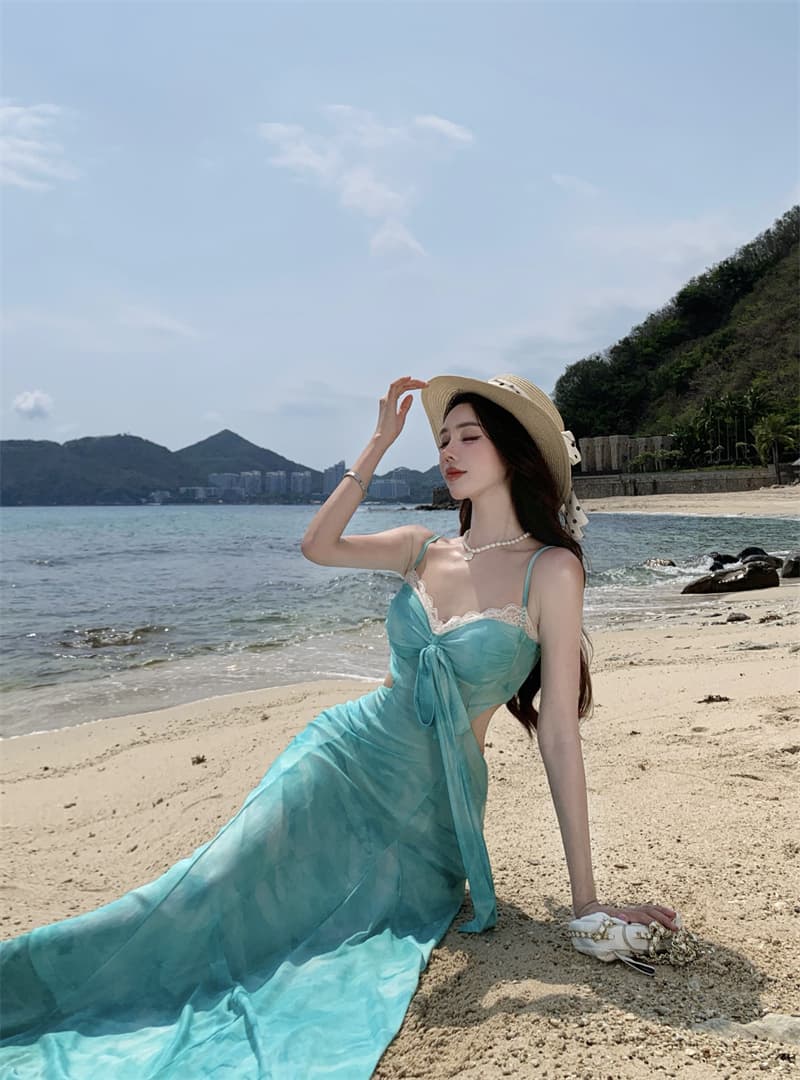 휴가 바람 프린트 슬립 여성 드레스 여름 새로운 섹시함 품격 해변가 해변 롱 스커트 상세 이미지 8