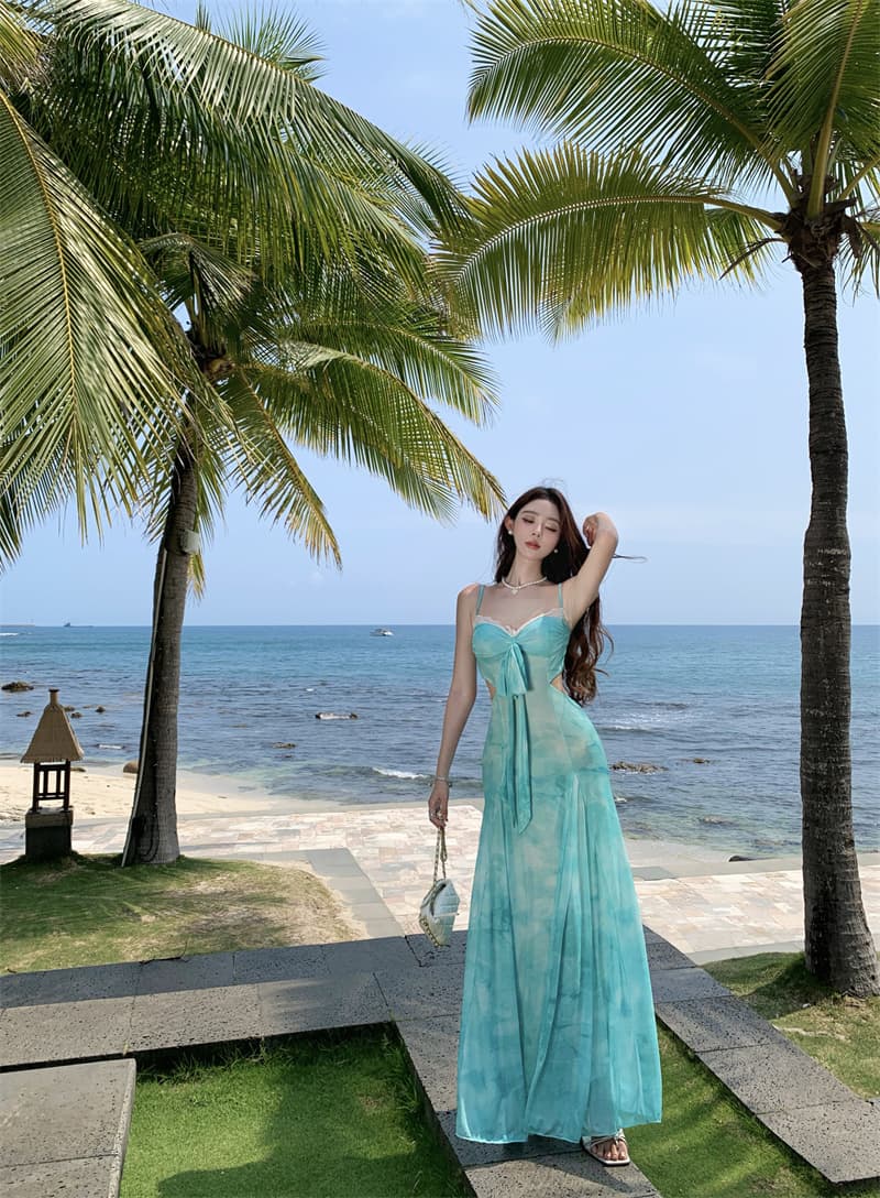 휴가 바람 프린트 슬립 여성 드레스 여름 새로운 섹시함 품격 해변가 해변 롱 스커트 상세 이미지 10