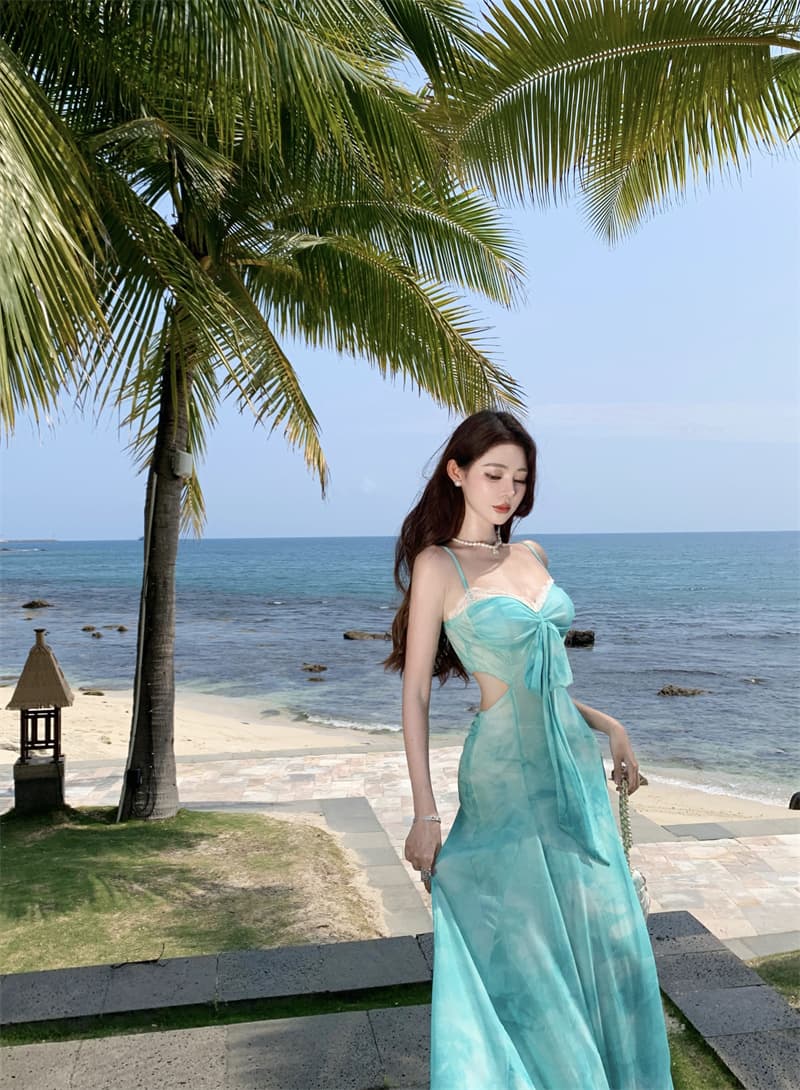 휴가 바람 프린트 슬립 여성 드레스 여름 새로운 섹시함 품격 해변가 해변 롱 스커트 상세 이미지 11