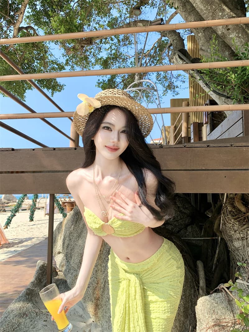 프랑스식 레트로 레이스 스트라이프 3 차원 조개 주름 튜브탑 비틀림 리본 반 스커트 세트 여성 상세 이미지 10