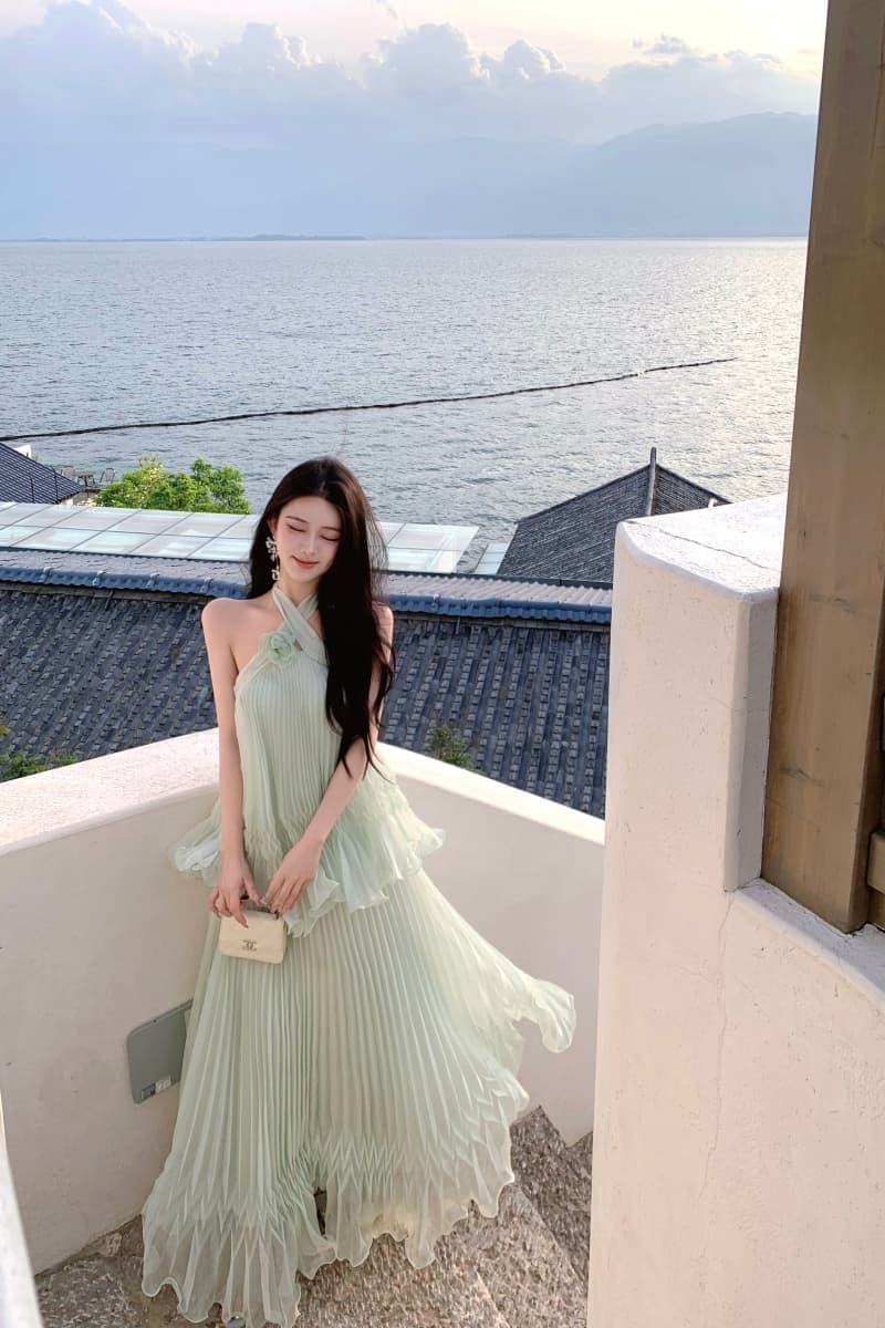 매몰 요정 프랑스식 낭만주의 백리스 행침 목 드레스 가져 가라. 요정 가스 숄 여름 해변가 휴가 상세 이미지 2