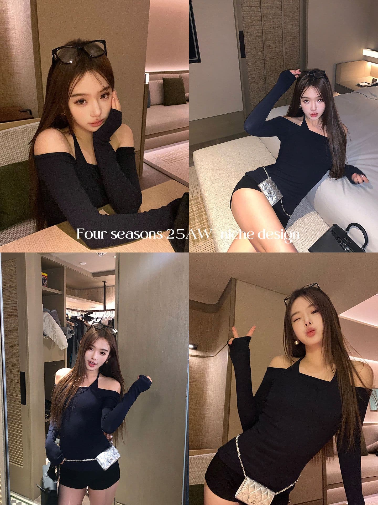 디자인 센스 페이크 레이어드 행침 목 허리 수축 오프숄더 긴팔 티셔츠 여성 가을 아름다운 슬림해 보이는 맨위 상세 이미지 1