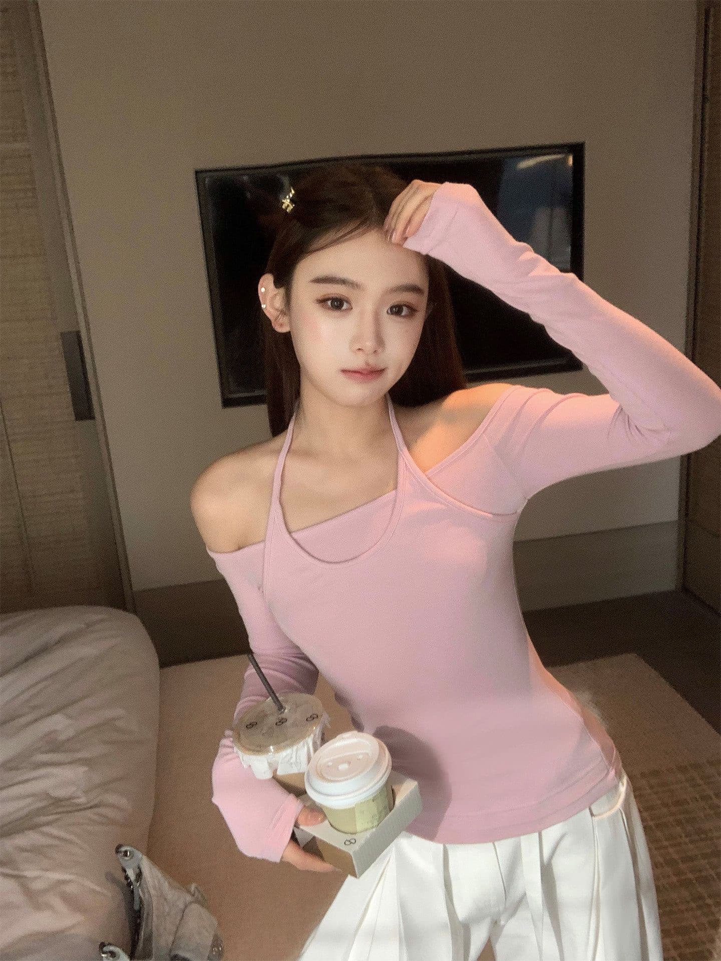 디자인 센스 페이크 레이어드 행침 목 허리 수축 오프숄더 긴팔 티셔츠 여성 가을 아름다운 슬림해 보이는 맨위 상세 이미지 2
