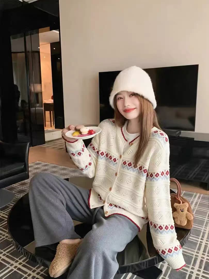 한 번 작은 짭짤한 한 부서 배색 니트 오픈 가디건 여성 가을 루즈핏 슬림해 보이는 라운드 넥 긴팔 짧은 에디션 달콤함 품격 재킷 상세 이미지 1
