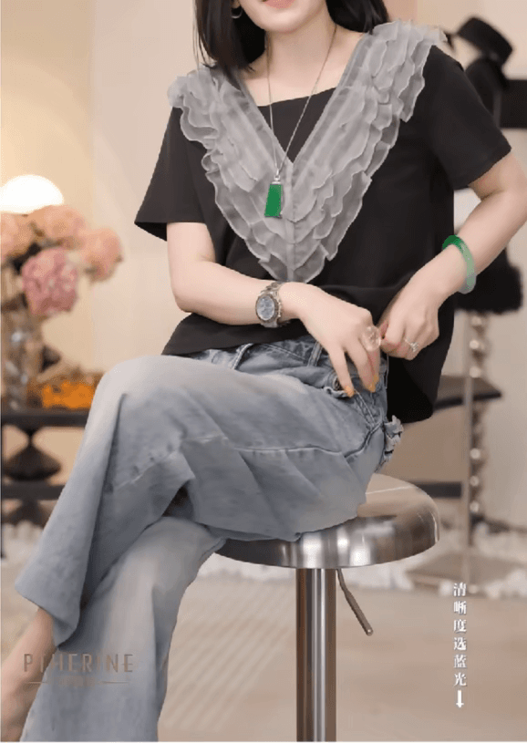 봄 여름 품격 반팔 작은 대중 패치워크 프릴 V넥 맨위 이미지 2