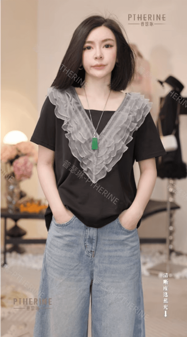 봄 여름 품격 반팔 작은 대중 패치워크 프릴 V넥 맨위 이미지 3